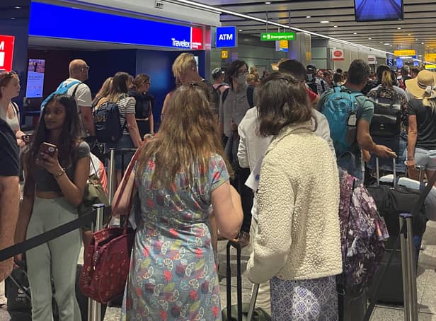 <p>Passengers were stuck in queues at Heathrow Airport. Photo: David Brackin</p>