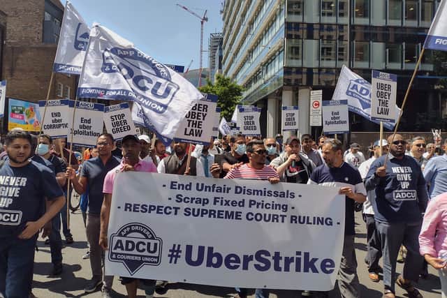 Uber drivers will protest outside the company’s London headquarters. Credit: ADCU