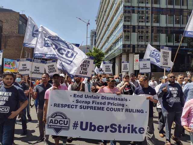 Uber drivers will protest outside the company’s London headquarters. Credit: ADCU