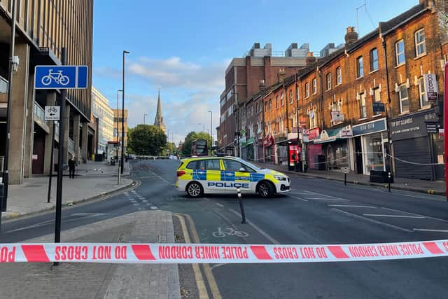 The police cordon on Wood Green high street. 