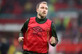 Christian Eriksen of Brentford warms up prior to kick off of the Premier League match  (Photo by Naomi Baker/Getty Images)