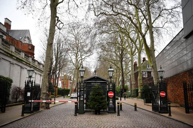 A general view of the security gates at Palace Green, the location of Tamara Ecclestone’s home in Kensington , on December 16, 2019, in London, after thieves stole jewellery reportedly worth £50m. Credit: Leon Neal/Getty Images