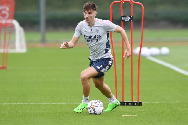 Kieran Tierney of Arsenal during a training session at London Colney on July 26, 2022 (Photo by Stuart MacFarlane/Arsenal FC via Getty Images)