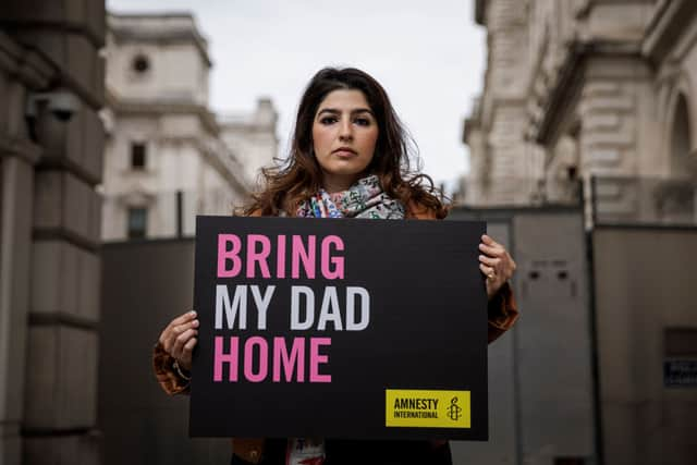 Roxanne Tahbaz protesting outside the Foreign Office. Credit: Rob Pinney/Getty Images