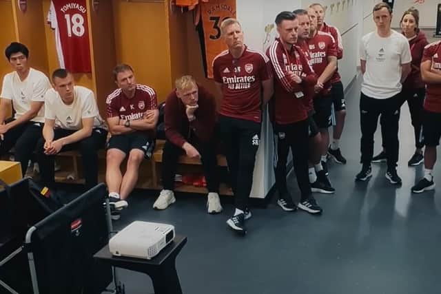 Arsenal players and staff following Mikel Arteta. Credit: Amazon Prime