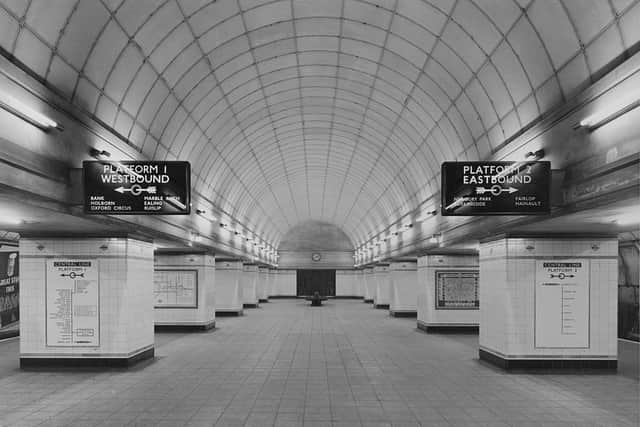 The concourse at Gants Hill London Underground Station on the Central Line, designed by architect Charles Holden, circa 1947. (Photo by London Express/Hulton Archive/Getty Images)