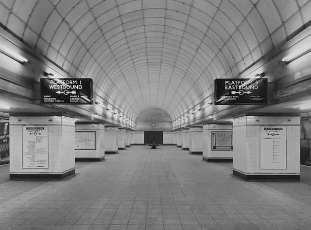 The concourse at Gants Hill London Underground Station on the Central Line, designed by architect Charles Holden, circa 1947. (Photo by London Express/Hulton Archive/Getty Images)