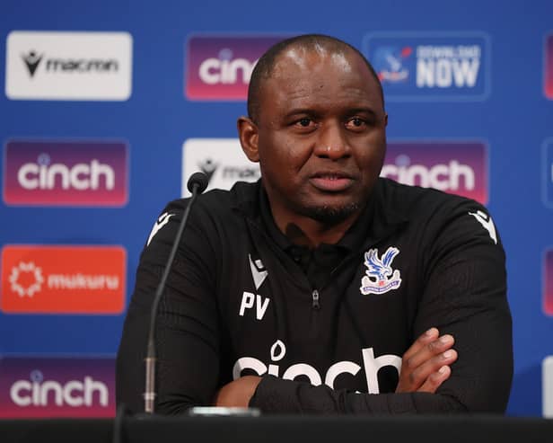  Patrick Vieira, coach of Crystal Palace speaks at a press conference after the Pre-Season friendly match (Photo by Will Russell/Getty Images)