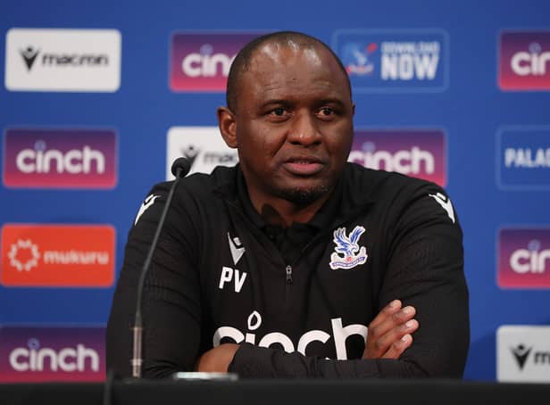  Patrick Vieira, coach of Crystal Palace speaks at a press conference after the Pre-Season friendly match (Photo by Will Russell/Getty Images)