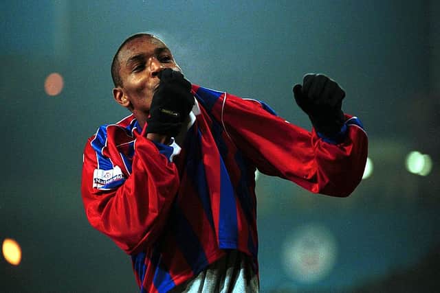Clinton Morrison of Palace celebrates scoring the opening goal during the match between Crystal Palace and Sunderland in the Axa Sponsored FA Cup in 2001. Credit: Jamie McDonald/ALLSPORT