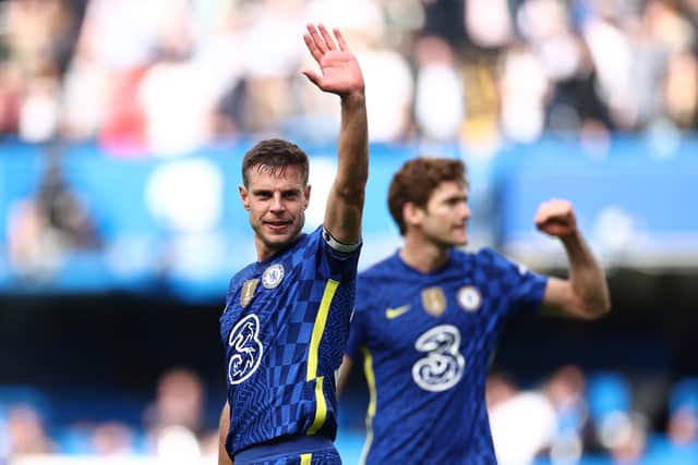 Cesar Azpilicueta of Chelsea celebrates after their sides victory during the Premier League match (Photo by Ryan Pierse/Getty Images)