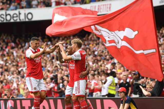 (2ndR) Gabriel Jesus celebrates scoring the 3rd Arsenal goal with (L) Granit Xhaka and (R) Martin Odegaard during the Emirates Cup match (Photo by Stuart MacFarlane/Arsenal FC via Getty Images)