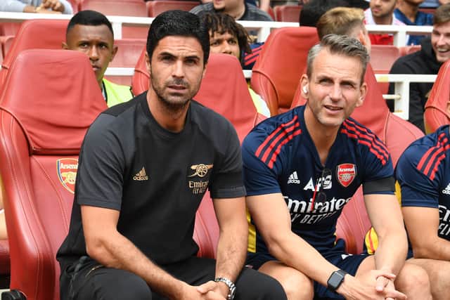 Mikel Arteta the Arsenal Manager and Arsenal 1st team coach Albert Stuivenberg before the Emirates Cup  (Photo by David Price/Arsenal FC via Getty Images)