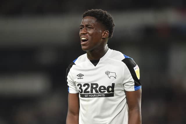 Malcolm Ebiowei of Derby County  looks on during the Sky Bet Championship match  (Photo by Nathan Stirk/Getty Images)