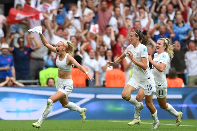 Chloe Kelly celebrates after scoring their side’s second goal in extra time during the UEFA Women’s Euro 2022 final. Photo: Shaun Botterill/Getty Images)