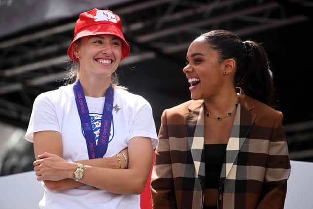 Leah Williamson and presenter Alex Scott at the Lionesses’ celebration in Trafalgar Square. Credit: Leon Neal/Getty Images