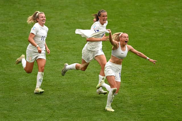  Chloe Kelly celebrates after scoring the winner of the Euro 2022 final in extra time at Wembley. Photo: Michael Regan/Getty Images
