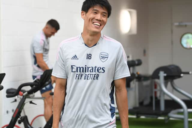 Takehori Tomiyasu of Arsenal during a training session at London Colney. Credit: Stuart MacFarlane/Arsenal FC via Getty Images