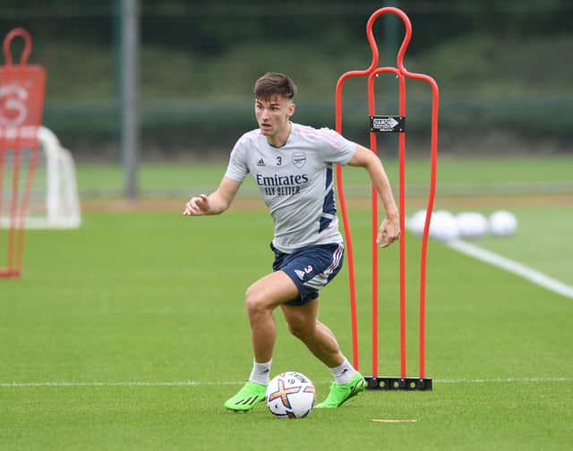 Kieran Tierney of Arsenal during a training session at London Colney on July 26. Credit: Stuart MacFarlane/Arsenal FC via Getty Images
