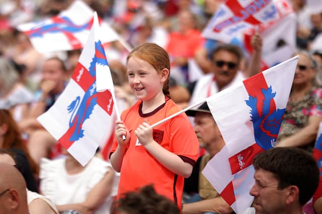 A young England fan waves a flag during the celebrations at Trafalgar Square. Photo: Dan Kitwood/Getty Images
