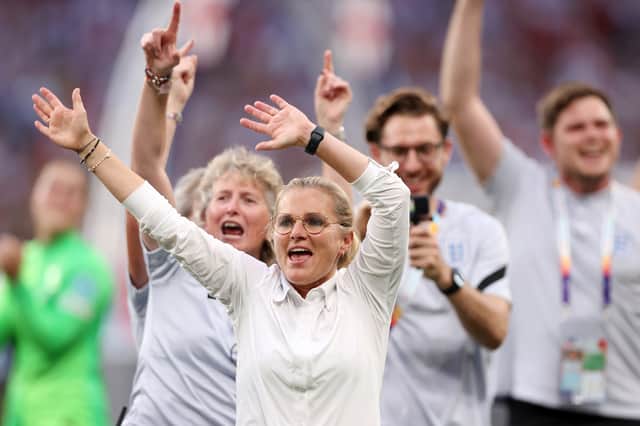 England manager Sarina Wiegman celebrates the Lionesses’ first major championship. Photo: Naomi Baker/Getty Images