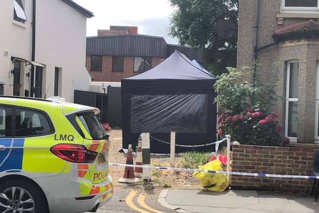 The police crime scene in Derby Road, Croydon, in the search for missing student nurse Owami Davies. Credit: LW
