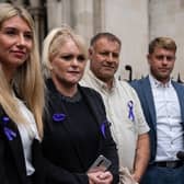 UNE 29: Hollie Dance (C-L) and Paul Battersbee (C-R), the mother and father of Archie Battersbee, speak to the media as they leave the Royal Courts of Justice after winning an appeal for his case to be heard again, on June 29, 2022 in London, England. The Court of Appeal has heard a plea by the family of 12-year-old Archie Battersbee to overturn a previous court ruling that he is dead and his life support system should be removed. His parents Hollie Dance and Paul Battersbee have appealed the ruling, saying his heart is still beating and they want treatment to continue. (Photo by Carl Court/Getty Images)
