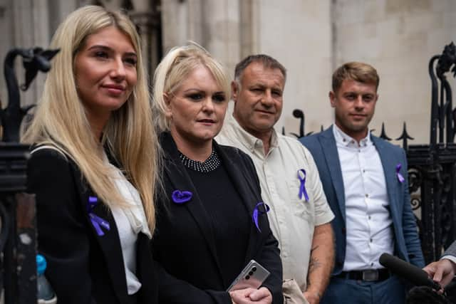 UNE 29: Hollie Dance (C-L) and Paul Battersbee (C-R), the mother and father of Archie Battersbee, speak to the media as they leave the Royal Courts of Justice after winning an appeal for his case to be heard again, on June 29, 2022 in London, England. The Court of Appeal has heard a plea by the family of 12-year-old Archie Battersbee to overturn a previous court ruling that he is dead and his life support system should be removed. His parents Hollie Dance and Paul Battersbee have appealed the ruling, saying his heart is still beating and they want treatment to continue. (Photo by Carl Court/Getty Images)