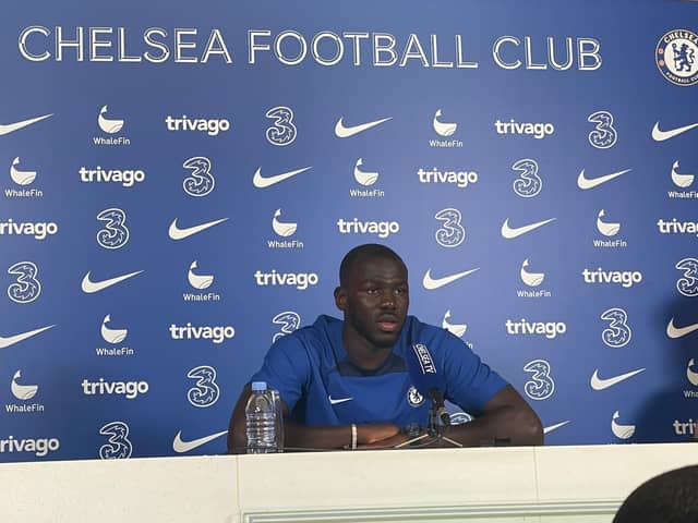 Kalidou Koulibaly speaks to the media for the first time at Chelsea. Credit: Rahman Osman