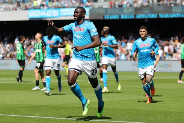  Kalidou Koulibaly of SSC Napoli celebrates after scoring the 1-0 goal during the Serie A match (Photo by Francesco Pecoraro/Getty Images)