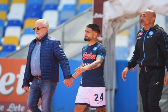   Luciano Spalletti, Manager of SSC Napoli, joins Aurelio De Laurentiis, President of SSC Napoli,  (Photo by Francesco Pecoraro/Getty Images)