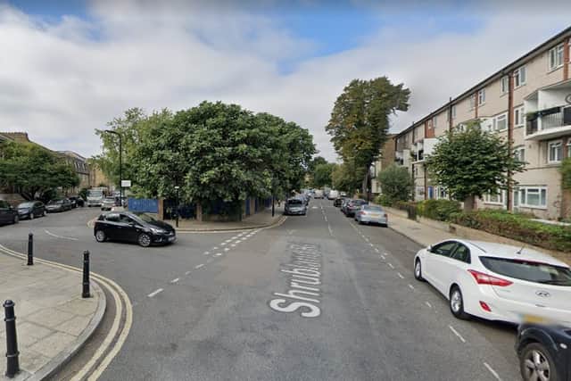 The junction of Albion Drive and Shrubland Road, where a man was shot dead in his car. Credit: Google