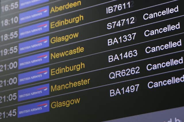 A departures board showing cancelled BA flights from Heathrow. Photo: Getty