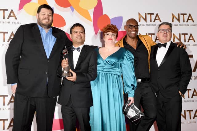 Mark Labbett, Paul Sinha, Jenny Ryan, Shaun Wallace and guest with the award for Quiz Show for "The Chase" during the National Television Awards