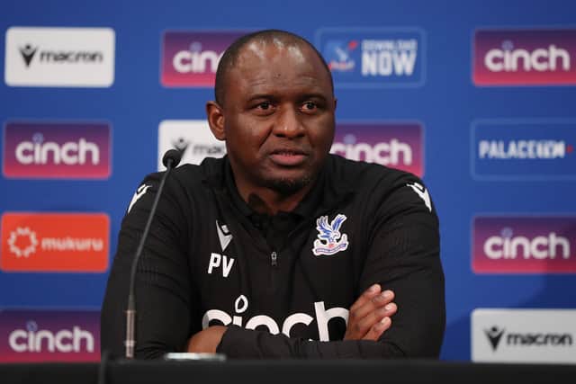 Patrick Vieira, coach of Crystal Palace speaks at a press conference after the Pre-Season friendly match  (Photo by Will Russell/Getty Images)