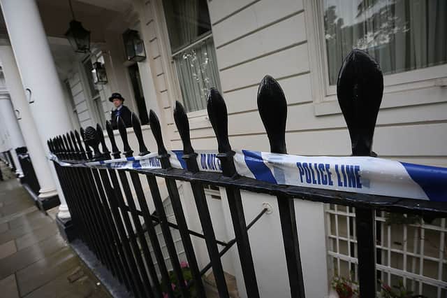 The crime scene after police discovered the body of Eva Rausing, the wife of Tetra Pak heir Hans Kristian Rausing, who had died of a drug overdose. Hans Kristian was given a 10-month suspended sentence for preventing her burial, after her body lay undiscovered for two months. Credit: Peter Macdiarmid/Getty Images