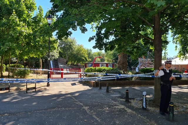 Officers were called to the park just before 9pm last night and found the boy with stab wounds next to a bin off Highbury Place. Credit: SWNS