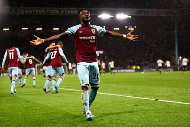 Maxwel Cornet of Burnley celebrates after scoring their team's third goal during the Premier League  (Photo by Clive Brunskill/Getty Images)