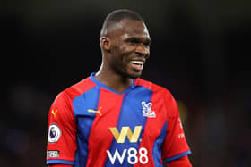 Christian Benteke of Crystal Palace smiles during the Premier League match (Photo by Alex Pantling/Getty Images)