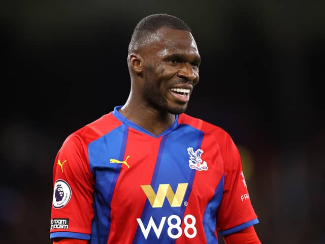 Christian Benteke of Crystal Palace smiles during the Premier League match (Photo by Alex Pantling/Getty Images)