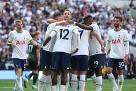 Emerson of Tottenham Hotspur celebrates scoring their side’s third goal with teammates  (Photo by Henry Browne/Getty Images)