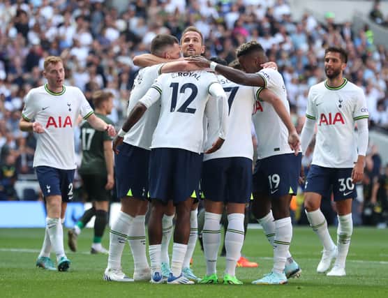 Emerson of Tottenham Hotspur celebrates scoring their side’s third goal with teammates  (Photo by Henry Browne/Getty Images)
