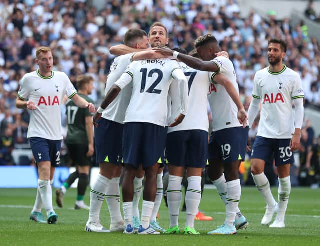 <p>Emerson of Tottenham Hotspur celebrates scoring their side’s third goal with teammates  (Photo by Henry Browne/Getty Images)</p>
