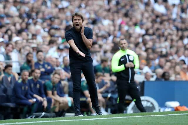 Antonio Conte, Manager of Tottenham Hotspur, reacts during the Premier League match (Photo by Henry Browne/Getty Images)