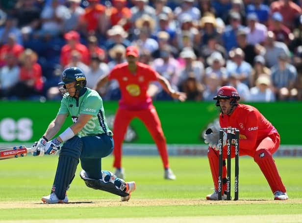 <p>Sam Billings playing a reverse sweep at Cardiff</p>