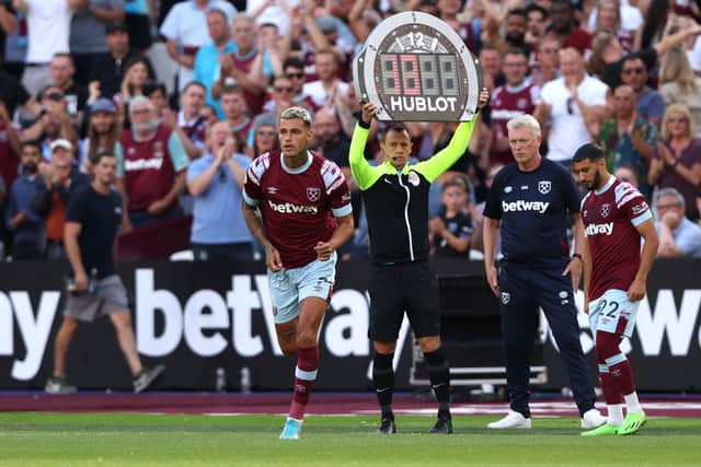Gianluca Scamacca of West Ham United is substituted during the Premier League match (Photo by Julian Finney/Getty Images)