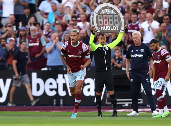 Gianluca Scamacca of West Ham United is substituted  during the Premier League match  (Photo by Julian Finney/Getty Images)