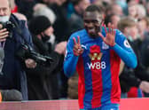  Belgian striker Christian Benteke celebrates after scoring their first goal during the English Premier League  (Photo by FRANK AUGSTEIN/POOL/AFP via Getty Images)