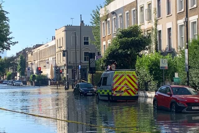 Firefighters are tackling flooding on Hornsey Road in Islington, while multiple roads have been closed and people are being urged to avoid the area. Photo: LFB