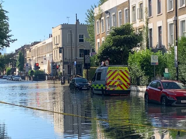 Firefighters are tackling flooding on Hornsey Road in Islington, while multiple roads have been closed and people are being urged to avoid the area. Photo: LFB